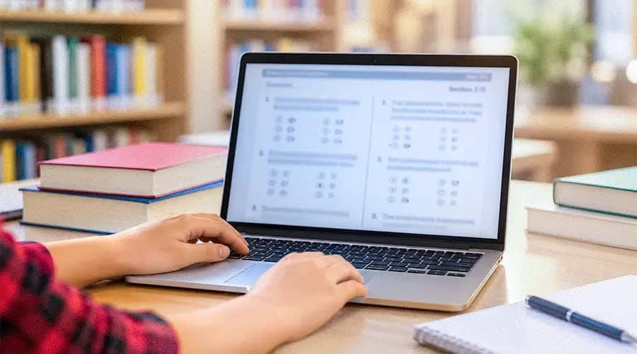SNAP Question Paper Pattern 2027 Student taking an online SNAP exam question paper on a laptop while preparing for the SNAP exam pattern 2026